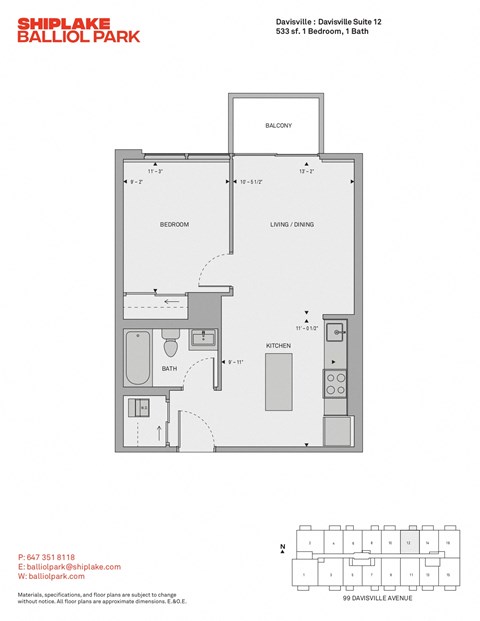 Floor plan for 1 bed, 1 bath, 533 sqft